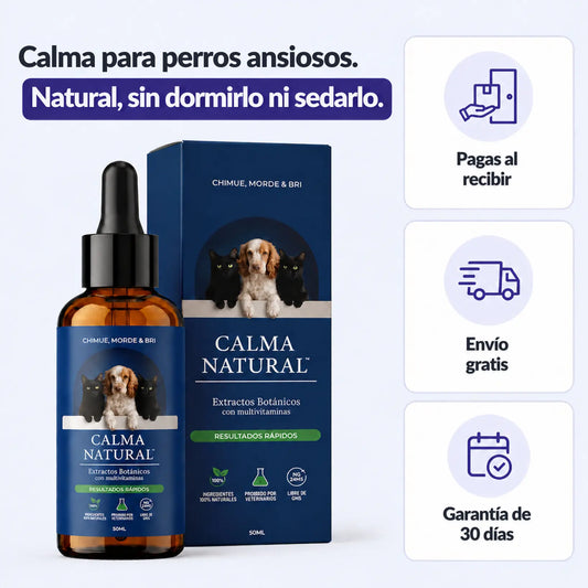Calma Natural, gotas para perros ansiosos. Natural, sin dormirlo ni sedarlo. Pagas al recibir, envío gratis y garantía de 30 días.